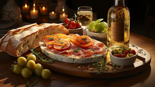 a table full of food including tomatoes, cheese, and tomatoes.