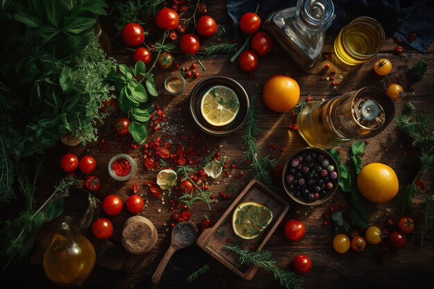 토마토, 올리브, 레몬, 바실리 등 음식으로 가득 찬 테이블.
