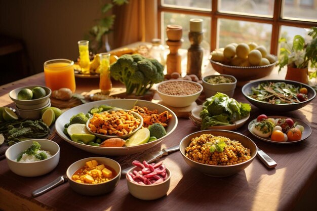 стол, полный еды, включая поднос с едой, стакан апельсинового сока и окно за ним.