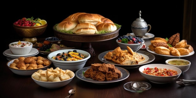 칠면조, 블루베리 및 기타 음식을 포함한 음식으로 가득 찬 테이블.
