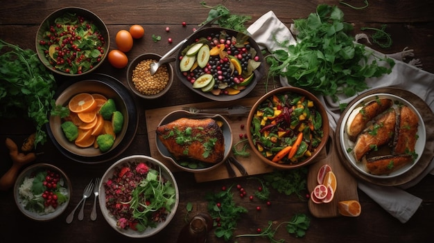 A table full of food including a turkey, carrot, and other food.