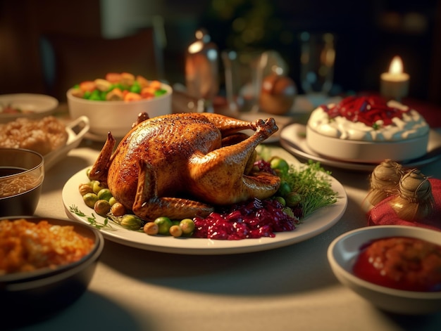 Photo a table full of food including turkey, turkey, and other dishes.