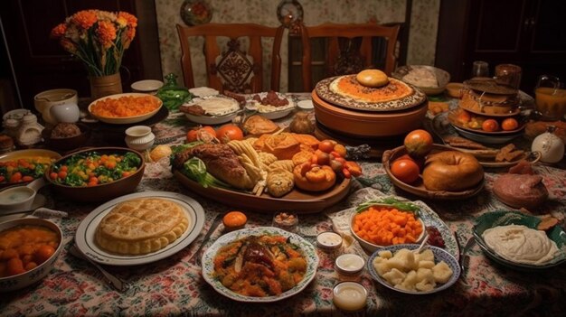 A table full of food including turkey, turkey, and turkey.