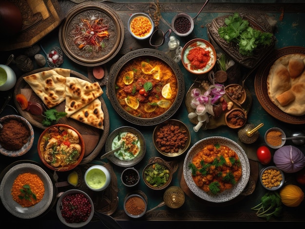 다양한 음식을 포함한 다양한 요리를 포함하여 음식으로 가득 찬 테이블.
