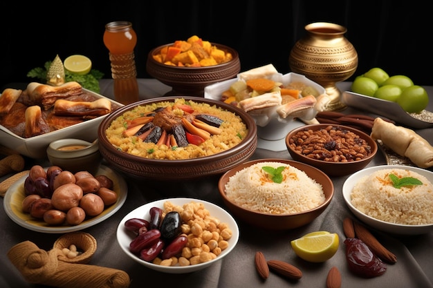 A table full of food including a variety of food including a bowl of food.