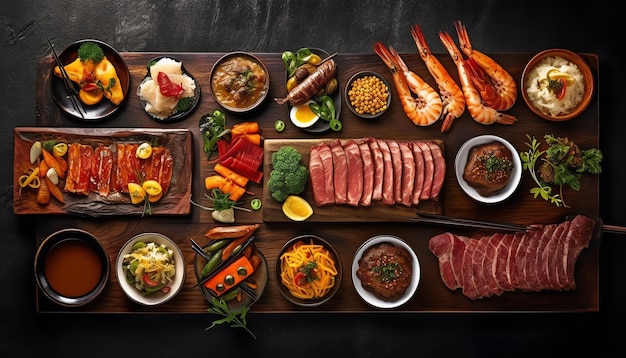 A table full of food including a variety of food including meats, vegetables, and meats.