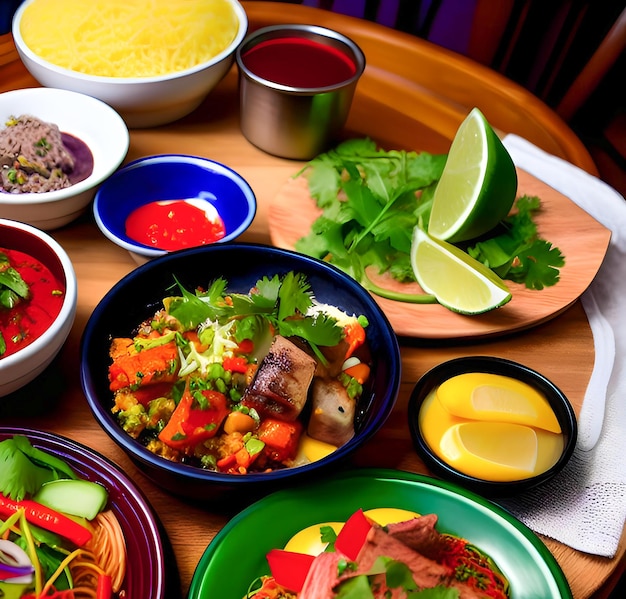 A table full of food including a variety of food including rice, vegetables, and other foods.