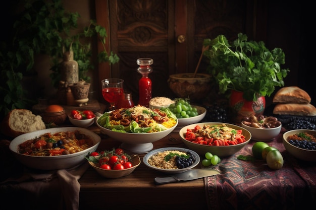 A table full of food including a variety of food including a variety of vegetables.