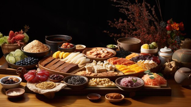 다양한 음식을 포함한 다양한 음식을 포함한 음식으로 가득 찬 테이블.