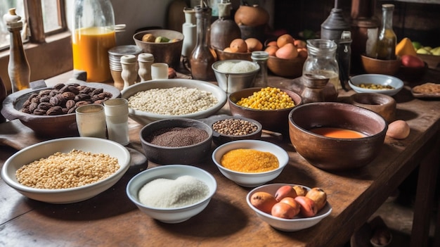 A table full of food including a variety of spices.