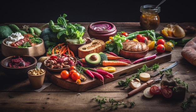 A table full of food including vegetables and meats.