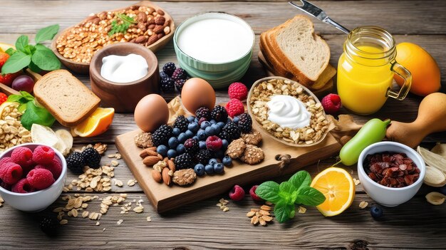 A table full of food including yogurt, nuts, and granola