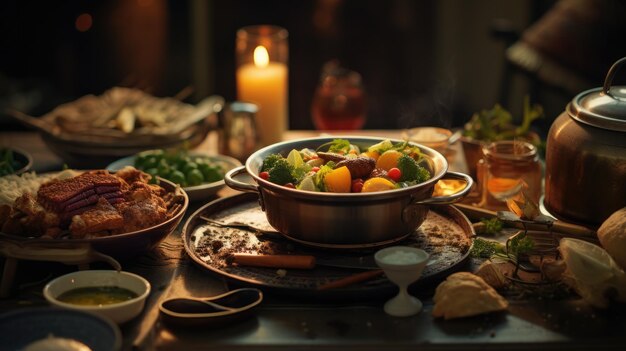 A Table Full of Food and a Lit Candle Eid