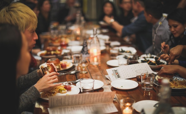 A table full of food at the new year's eve dinner.