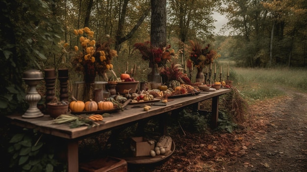 A table full of food and a river in the background