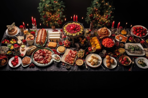 A table full of food and treats in a bright warm and happy celebrating Christmas