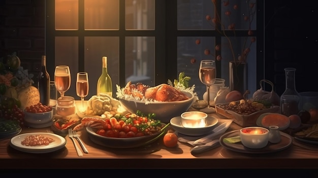 A table full of food and wine with a window behind it.