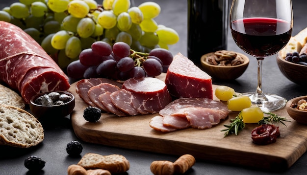 A table full of food and wine