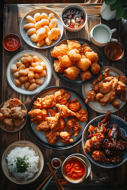 Table full of food with battered chicken and different sauces Concept food foodie abundance