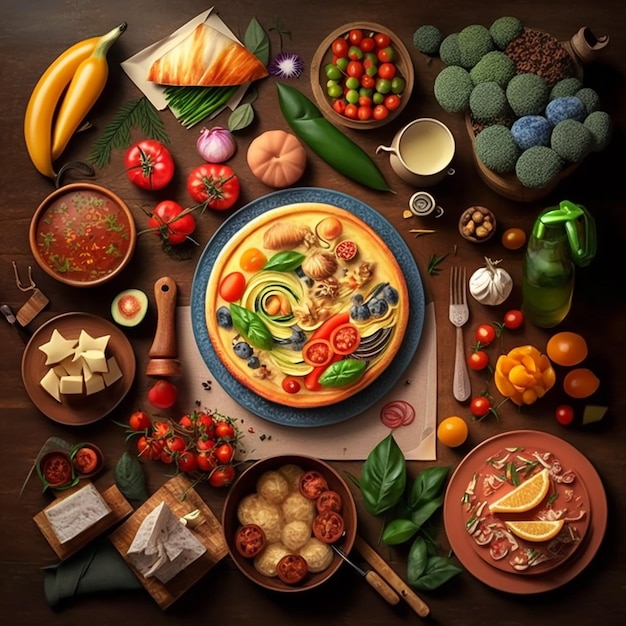 A table full of food with a bowl of vegetables and a bowl of vegetables.