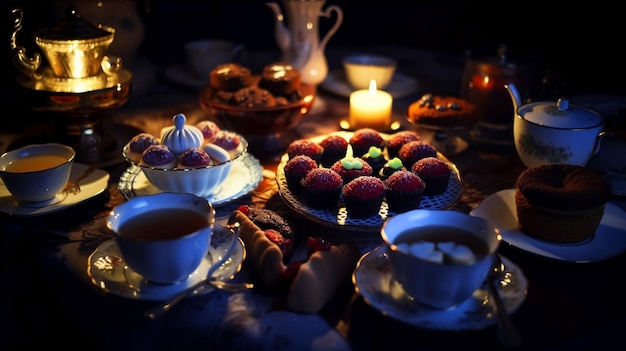 A table full of food with a candle in the background