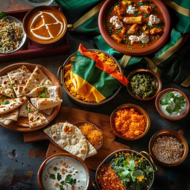 Photo a table full of food with a green flag in the middle