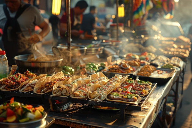 A table full of food with a lot of people around it