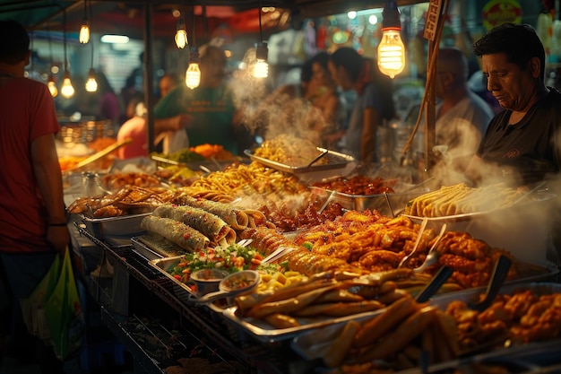 Premium Photo | A table full of food with a lot of people around it