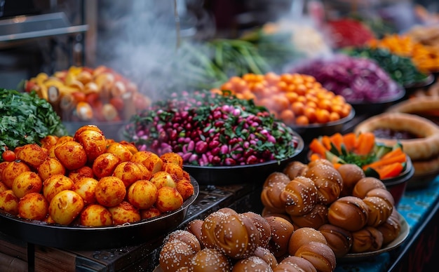 Photo a table full of food with a variety of vegetables and fruits the food is colorful and looks delicious