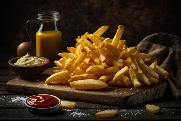 A table full of french fries and ketchup