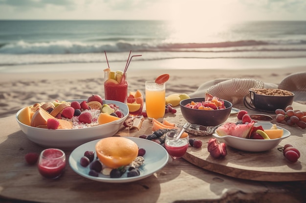 a table full of fruit and drinks on a beach.