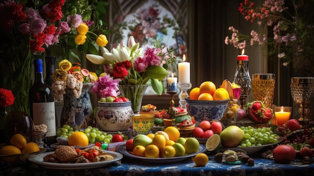 a table full of fruit and flowers with a candle in the background.