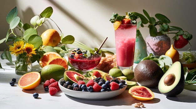 a table full of fruit and a glass of juice