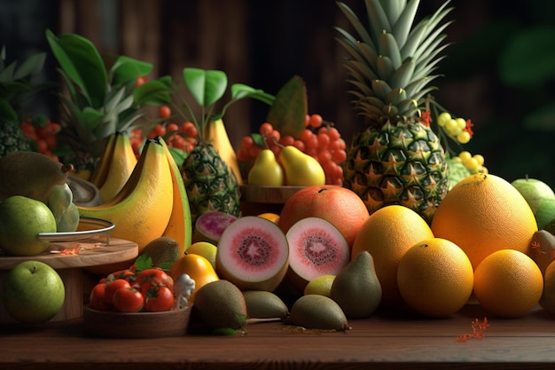 A table full of fruit including bananas, bananas, and other fruits.