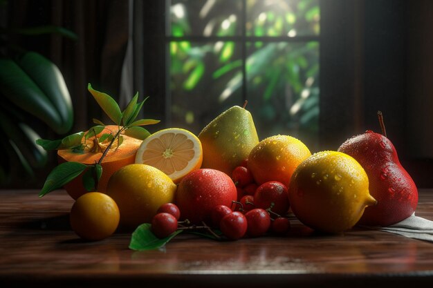 A table full of fruit including a pear, pear, lemon, and lime.