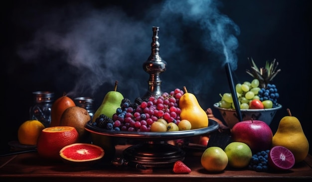 A table full of fruit and a smokey background