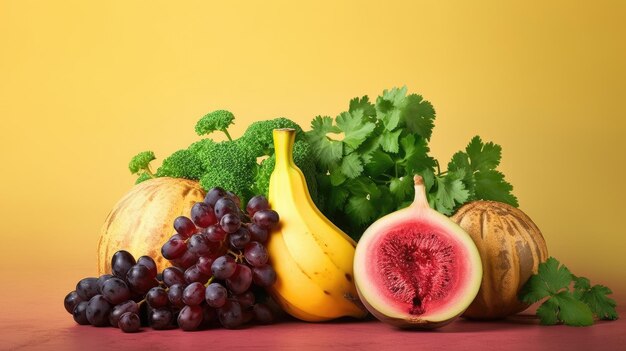 A table full of fruits including broccoli, broccoli, and other fruits.