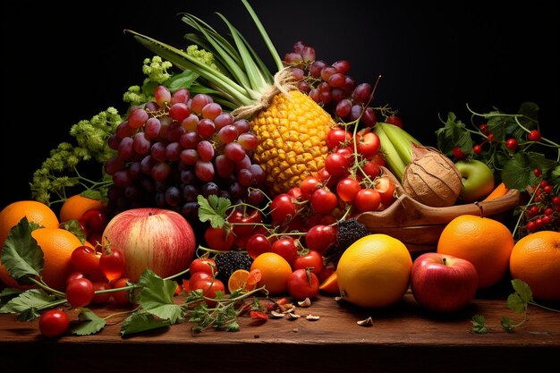 A table full of fruits including a pineapple, bananas, and other fruits.