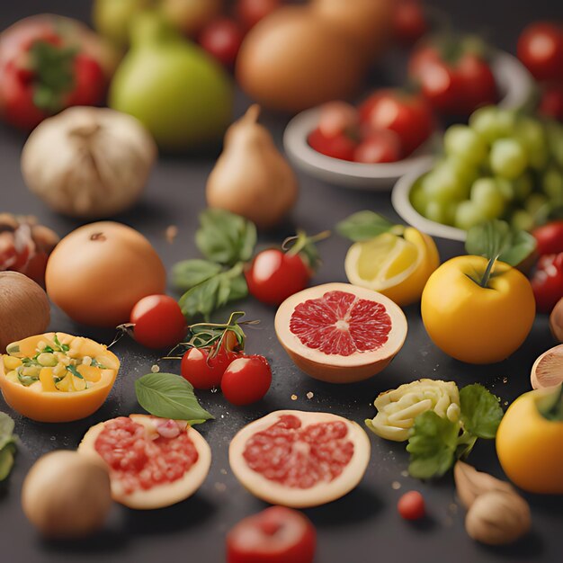 Foto un tavolo pieno di frutta, compresi pomodori, pompelmi e limoni