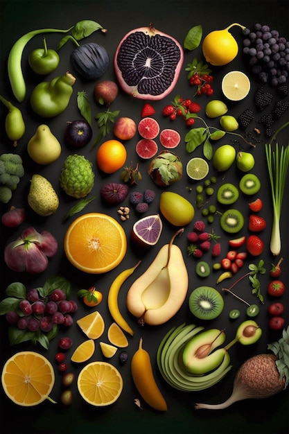 A table full of fruits including a variety of fruits and vegetables.