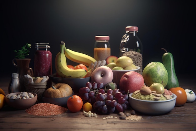 A table full of fruits and vegetables including banana, banana, banana, and other fruits.