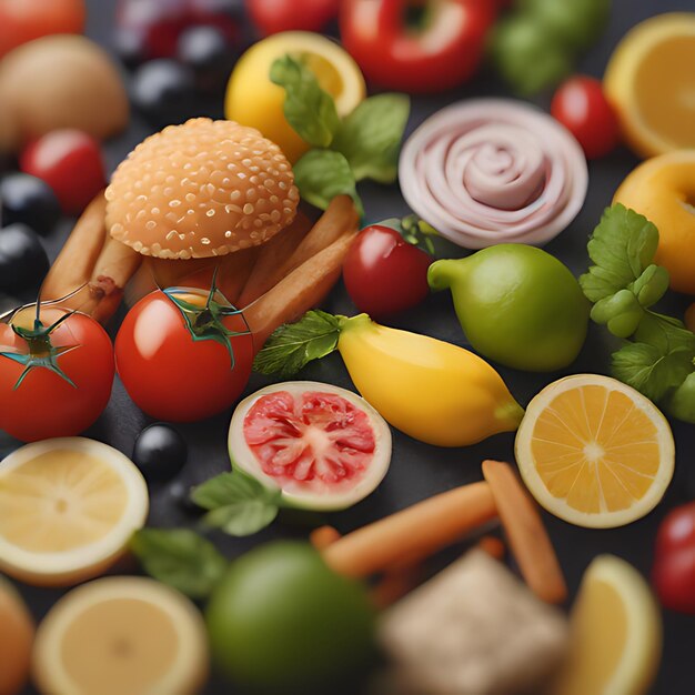 стол, полный фруктов и овощей, включая гамбургер и гамбург