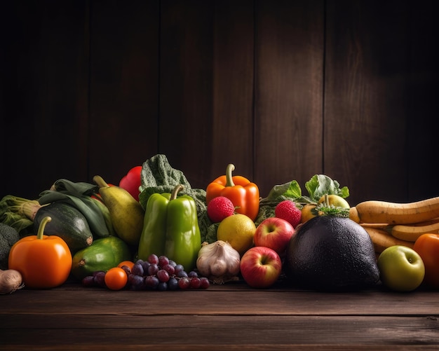 Стол, полный фруктов и овощей, в том числе различных фруктов и овощей.