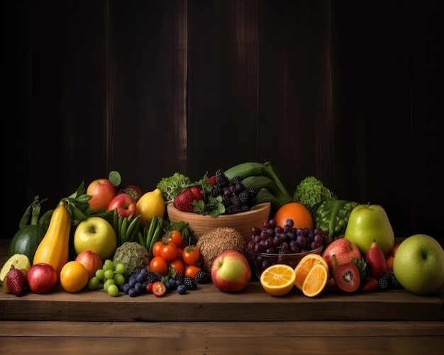 A table full of fruits and vegetables.