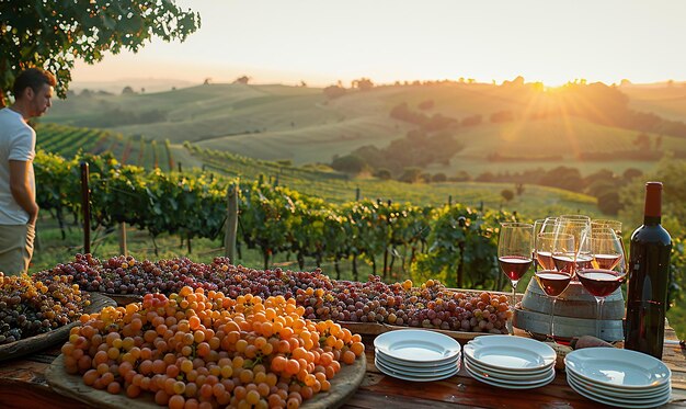 a table full of grapes and wine glasses with a glass of wine