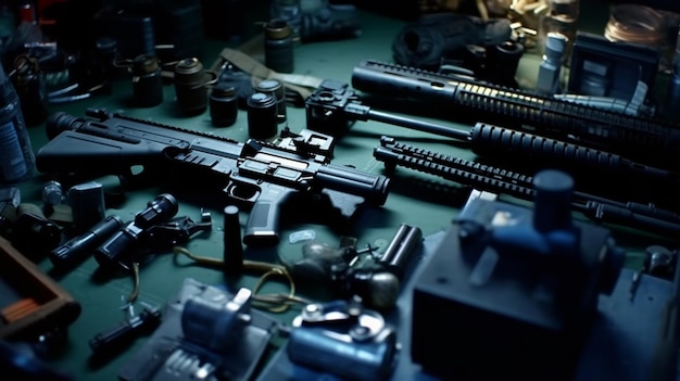 A table full of guns and a gun
