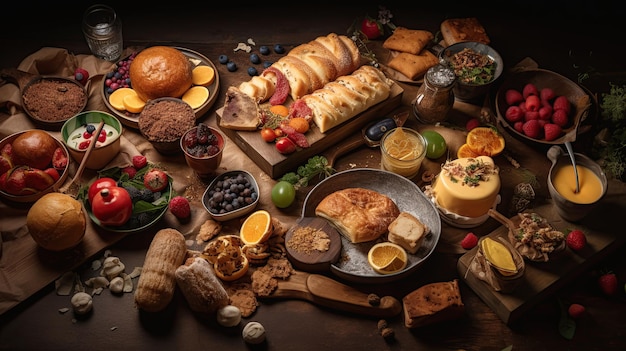 A table full of healthy food and fruits