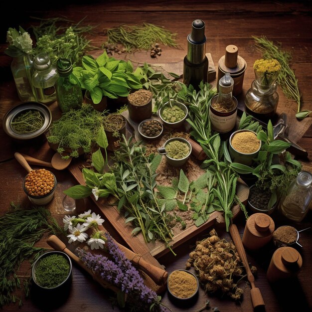 a table full of herbs and herbs including herbs herbs and spices