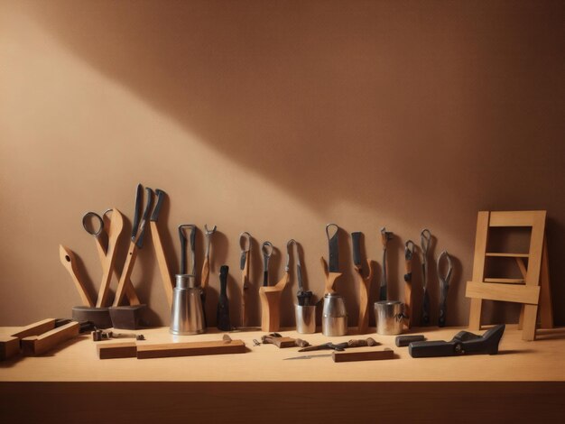 Photo a table full of kitchen utensils and a wooden crate with the word utensils on it