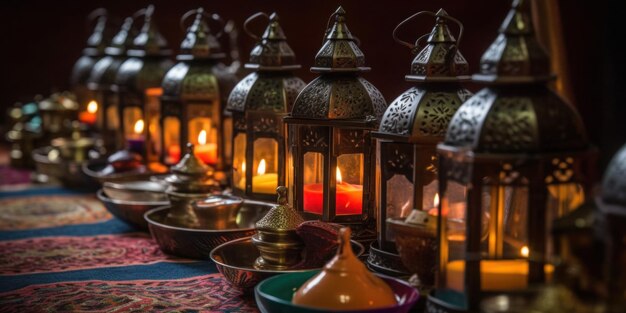 A table full of lanterns with candles on it